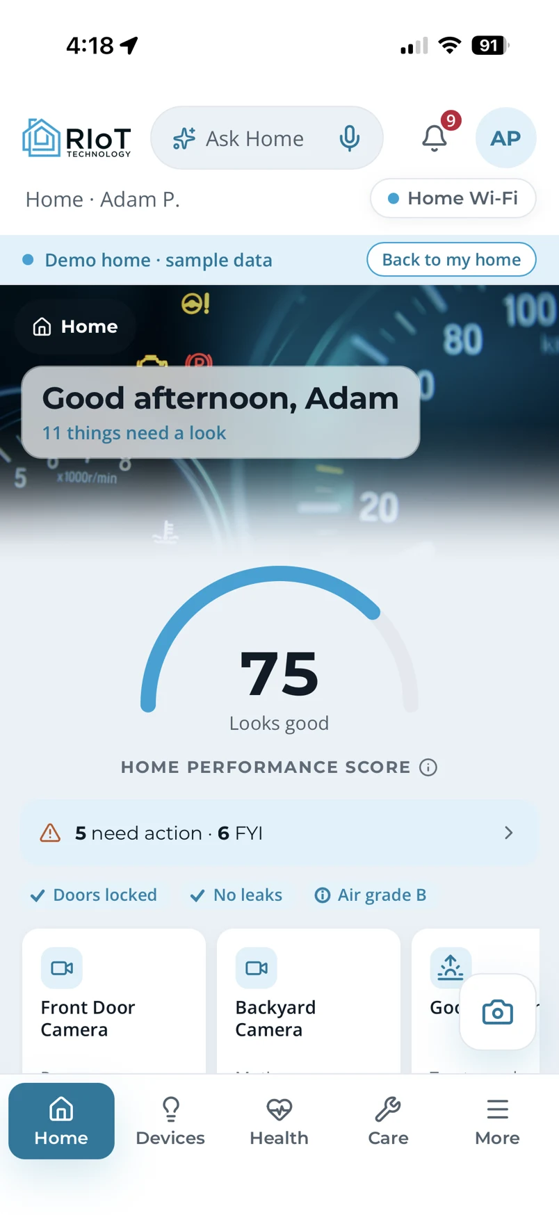 RIoT Home app Home Performance Score screen: a score of 75 with the label 'Looks good', a greeting, '5 need action, 6 FYI', status rows for doors locked, no leaks and air grade B, and camera tiles