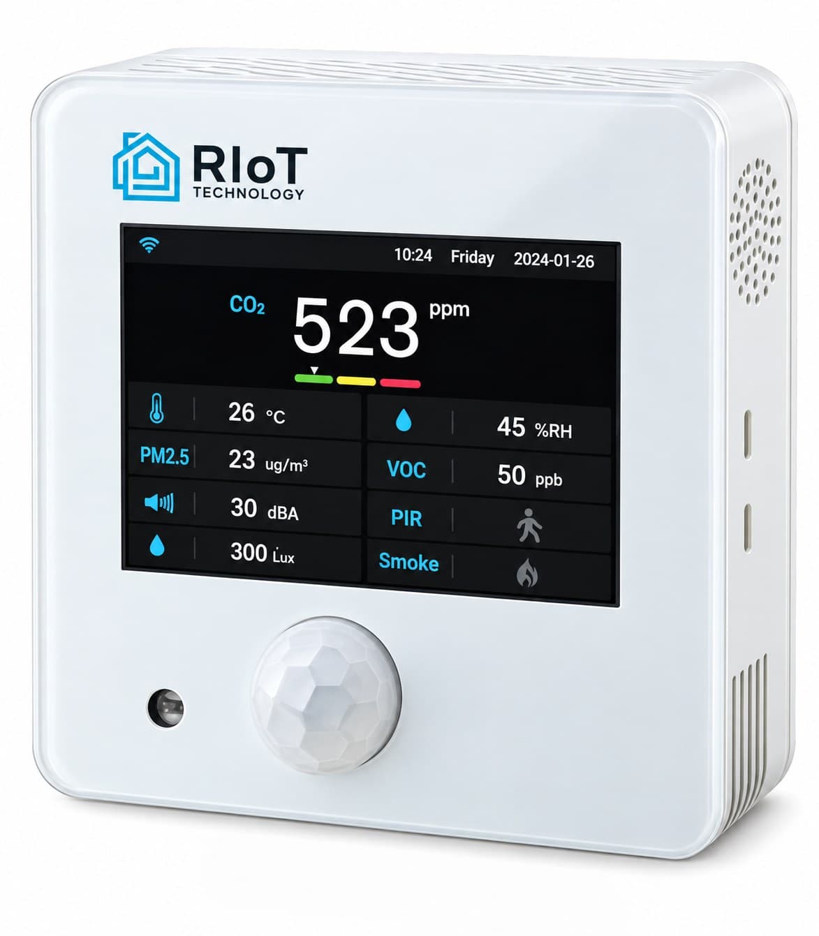 RIoT 9-in-1 room sensor showing CO2, temperature, humidity, PM2.5, VOC, noise, light, motion and smoke readings
